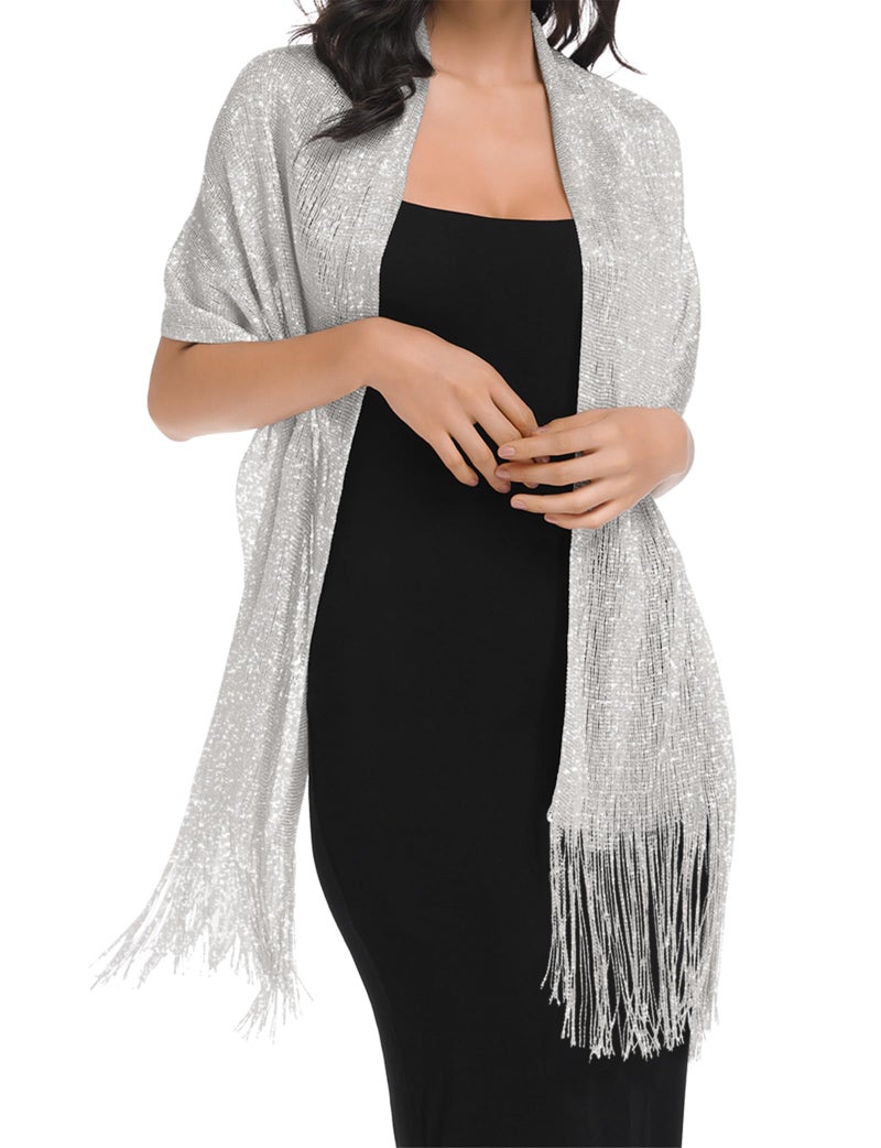 BANETTETA Silver Shawls and Wraps for Evening Dresses Shall for Women Dressy Shawls for Evening Wear Transparent Scarf for Dresses (Silver) - Image 3